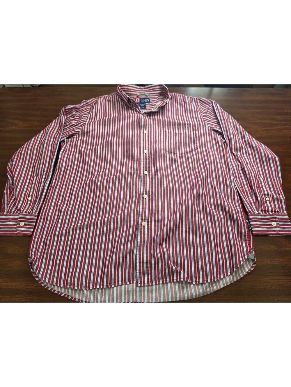 Chaps Mens Large 100% Cotton Long Sleeve Button Down Red Stiped Casual Shirt